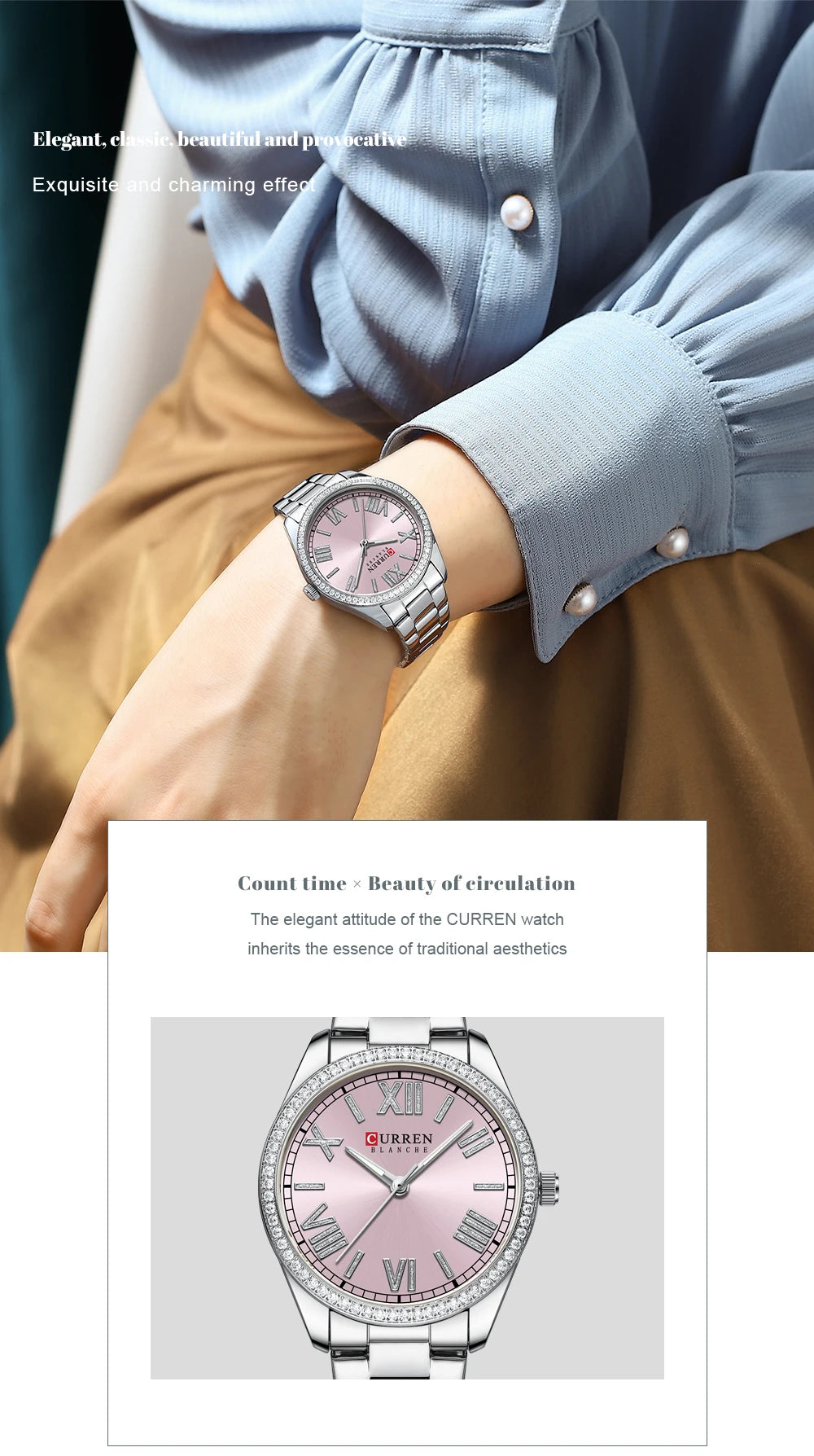 CURREN NEW Luxury Stainless Steel Wristwatches for Ladies Romantic Rose Pink with Rhinestones Roman Numeral Dial