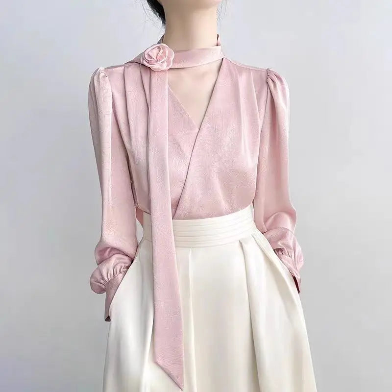 2025 New Ladies' Clothes French Elegance Rose Bow Long-Sleeve Blouse Women’s Chic Spring/Autumn Top Satin High Quality Clothing