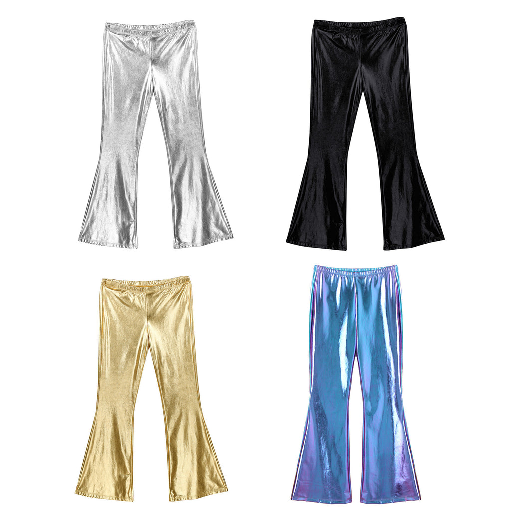 Men Metallic Shiny Flared Pants Retro Disco Costume Elastic Waistband Bell Bottom Trousers Long Pants 70s Party Show Clubwear
