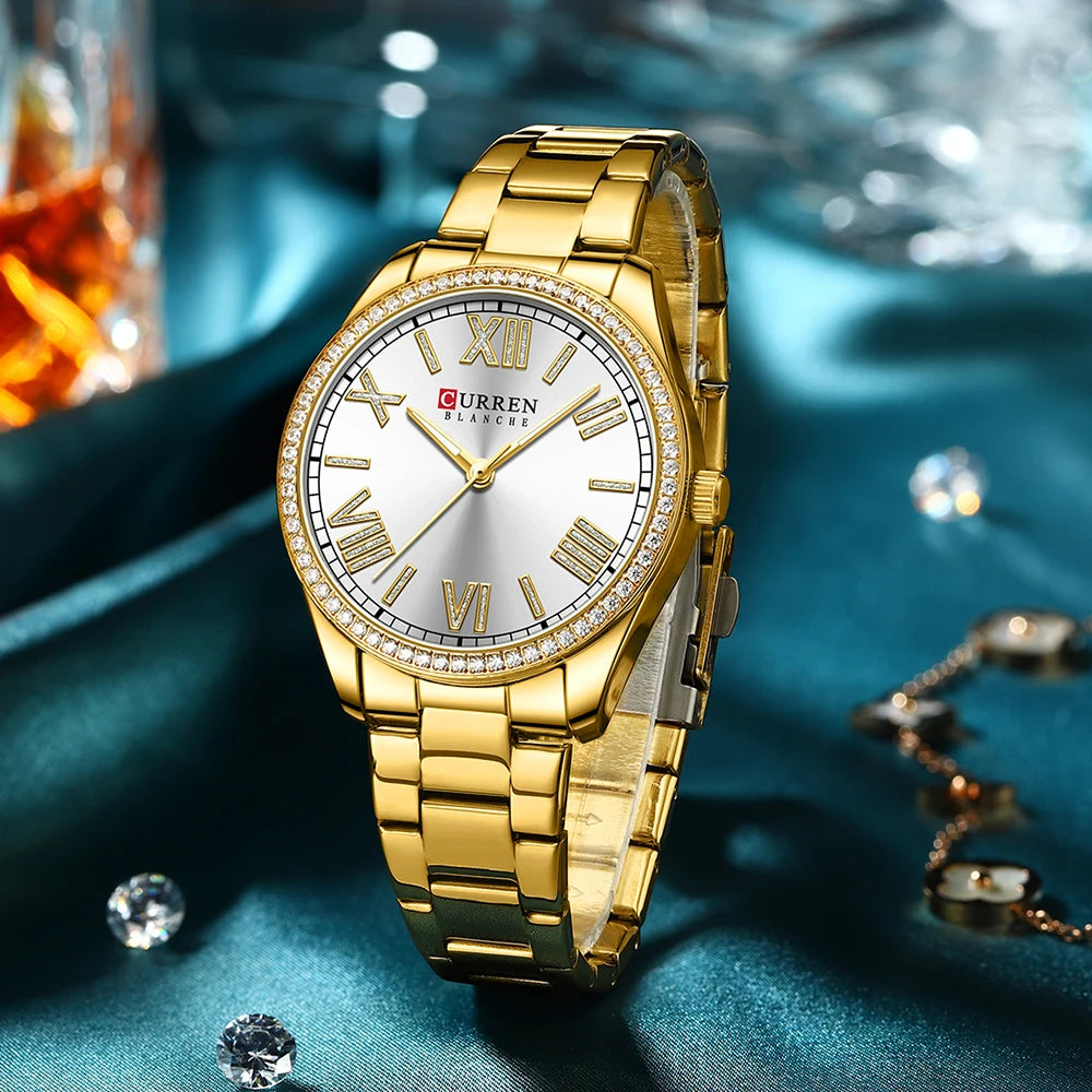 CURREN NEW Luxury Stainless Steel Wristwatches for Ladies Romantic Rose Pink with Rhinestones Roman Numeral Dial