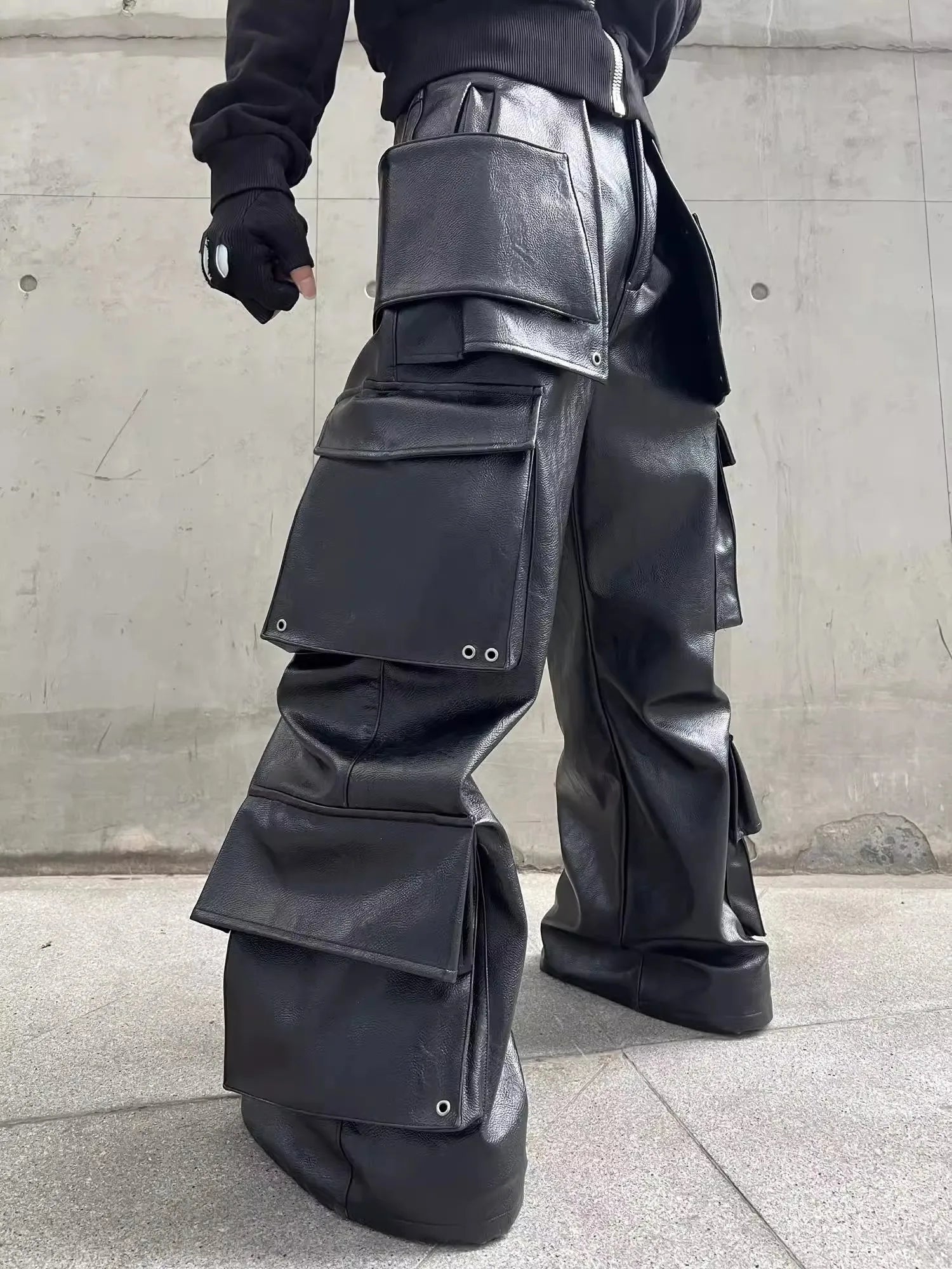Mauroicardi Spring Cool Long Baggy Black Pu Leather Wide Leg Cargo Pants Men with Many Pockets Mens Designer Clothes Streetwear