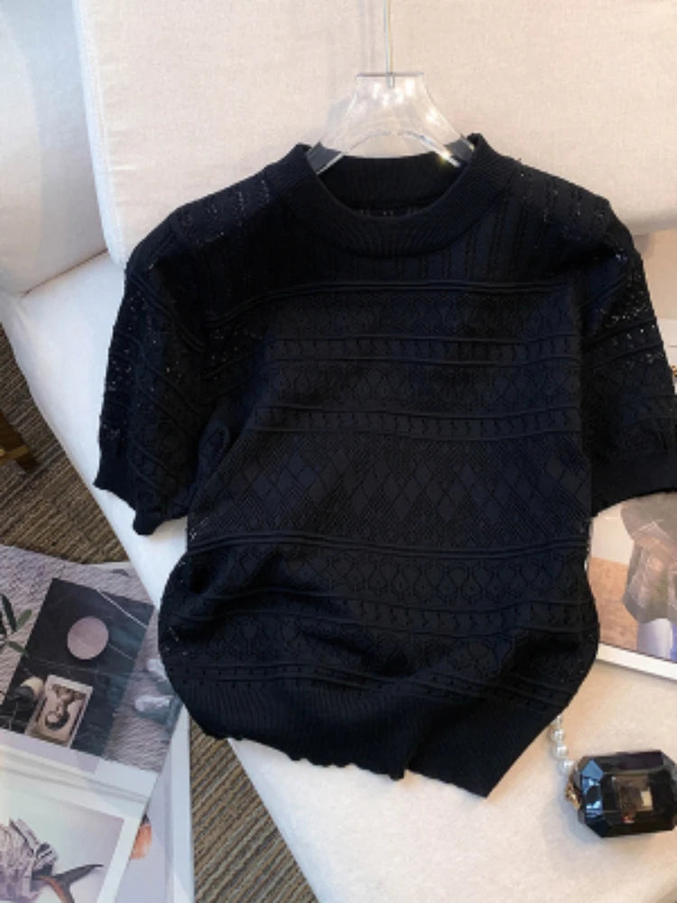 2026 New  Summer Thin Hollow Out Crew Neck Pullover Sweater Versatile Short Sleeve Knitted Top For Spring & Women's Clothing