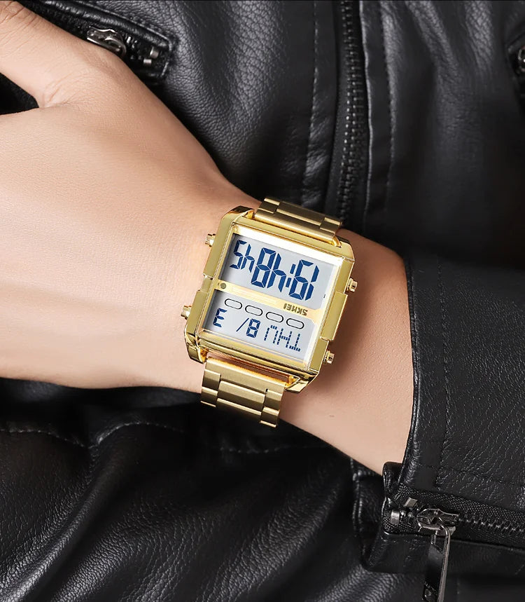 Skmei Luxury Brand Steel Strap Digital Watches for Mens Dual Time Zone Waterproof LED Chronograph Fashion Date Week Alarm Clock