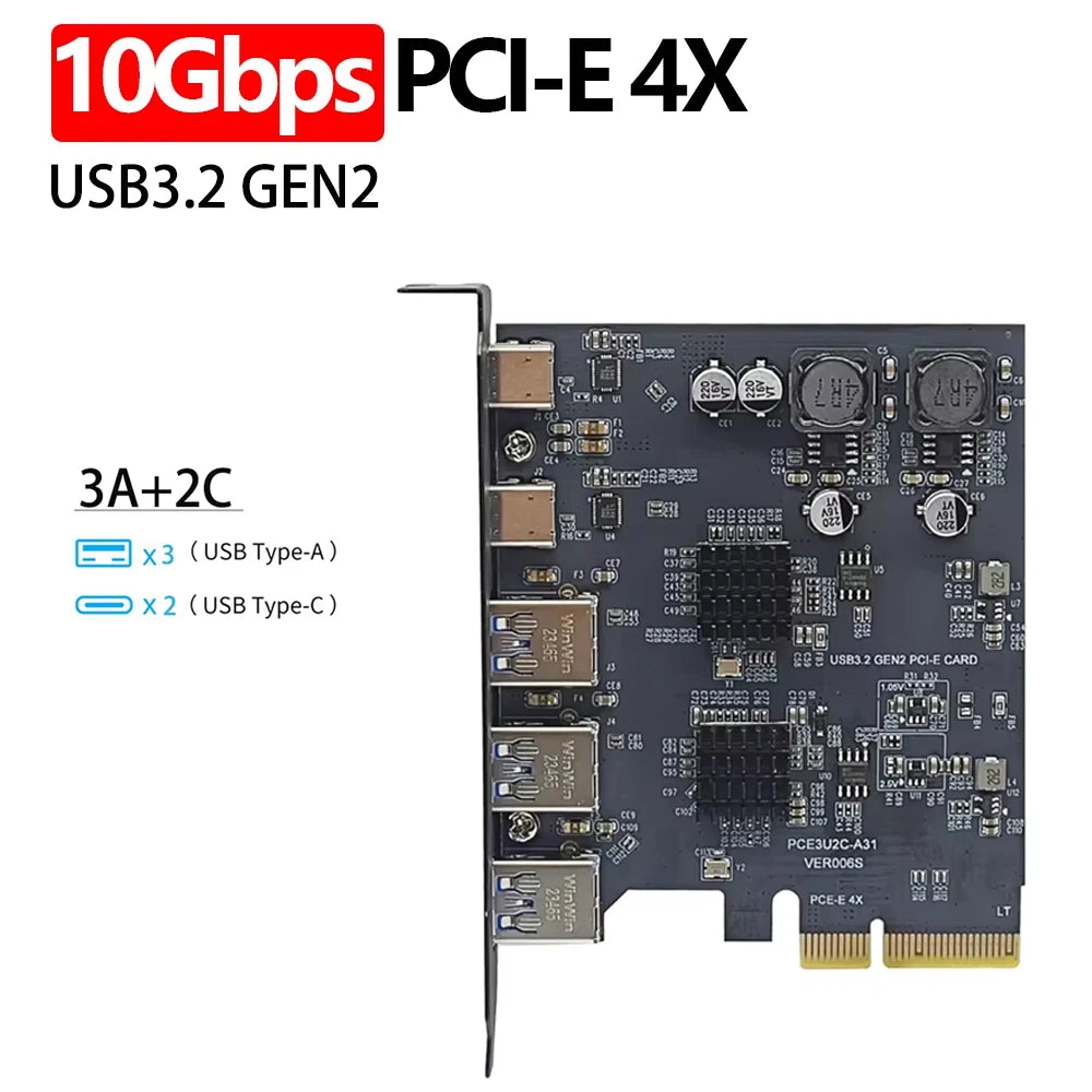 PCIE4X USB Expansion Card 10gbps 3USB A 2 USB C PCI Express X4 to USB3.2 Gen2 10Gbps Adapter PCI-E to USB 3.1 Type-C Expand HUB