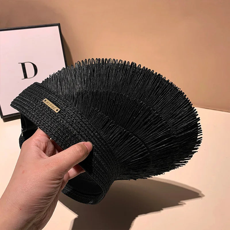 Designer Brand Sunscreen Tassel Straw Hats for Women Summer Empty Top Sun Hat Outdoor Pamama UV Protection Beach Sunshade Cap