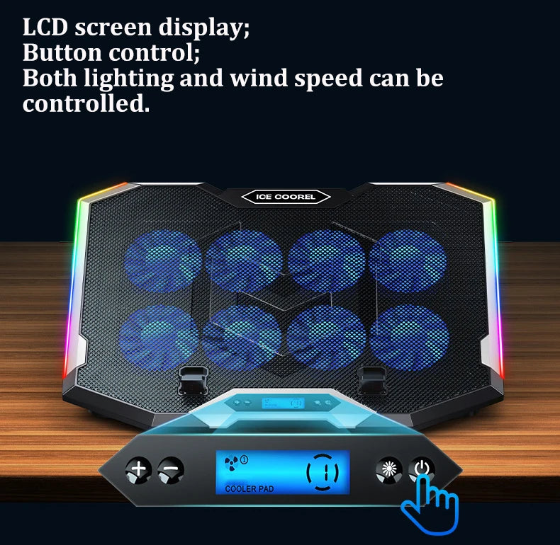 ICE COOREL Gaming RGB Laptop Cooler 12-18 Inch Led Screen Laptop Cooling Pad 3500 RPM 8 fans 2 USB Ports Notebook Cooler Stand