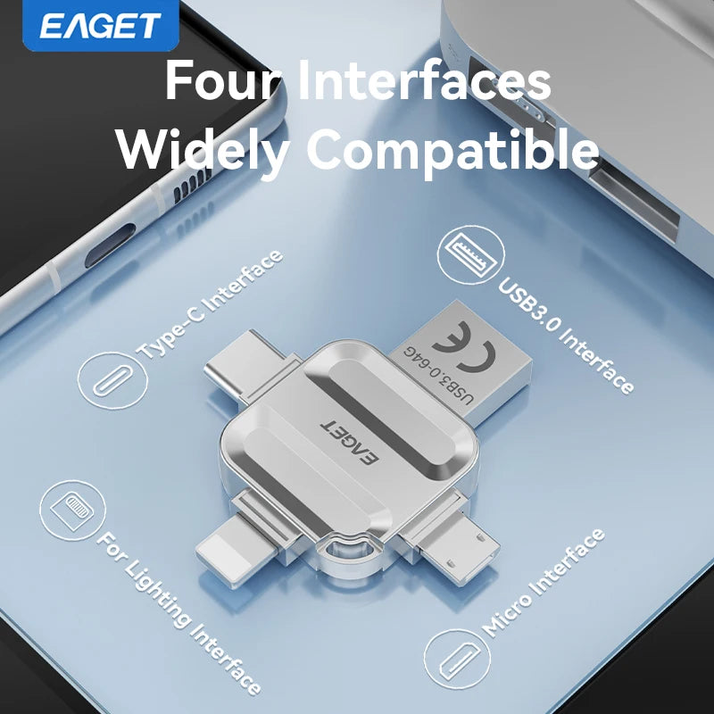 EAGET 4-in-1 OTG USB 3.0 Flash Drive[32GB/64GB/128GB/256GB] Type C Lightning Micro USB for iPhone Android, Memory Stick - i71