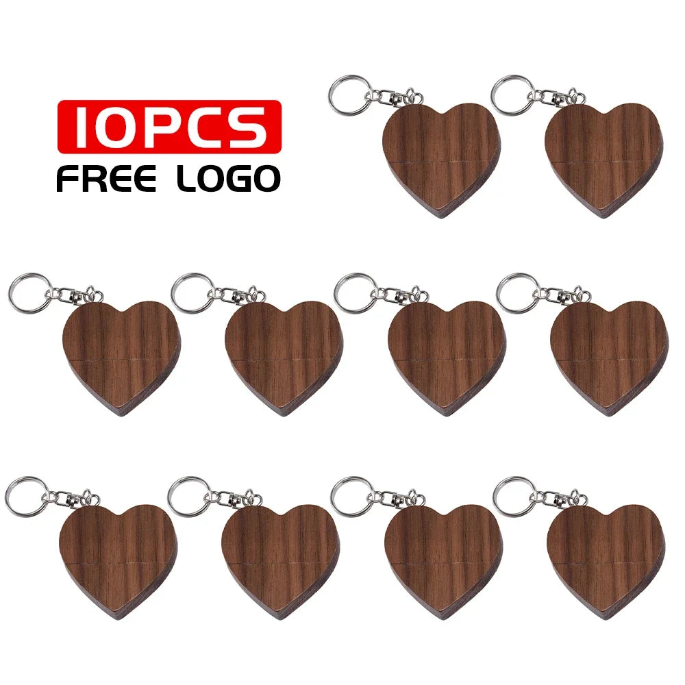 JASTER 10PCS/LOT Wooden Heart USB 2.0 Flash Drives 128GB  Free custom logo key chain Pen drive 64GB 32GB Business gift USB stick