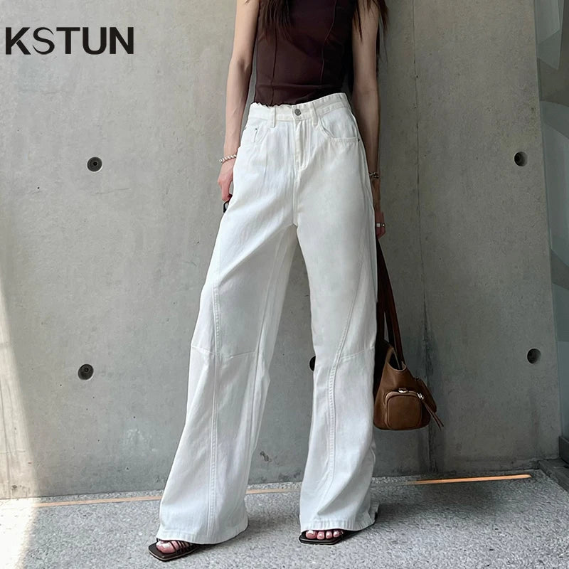 KSTUN 2025 Summer New Women's White Jeans Low Waist Wide Leg Jeans Denim Pants Losoe Fitness Girls Casual Dragging Pants Striped