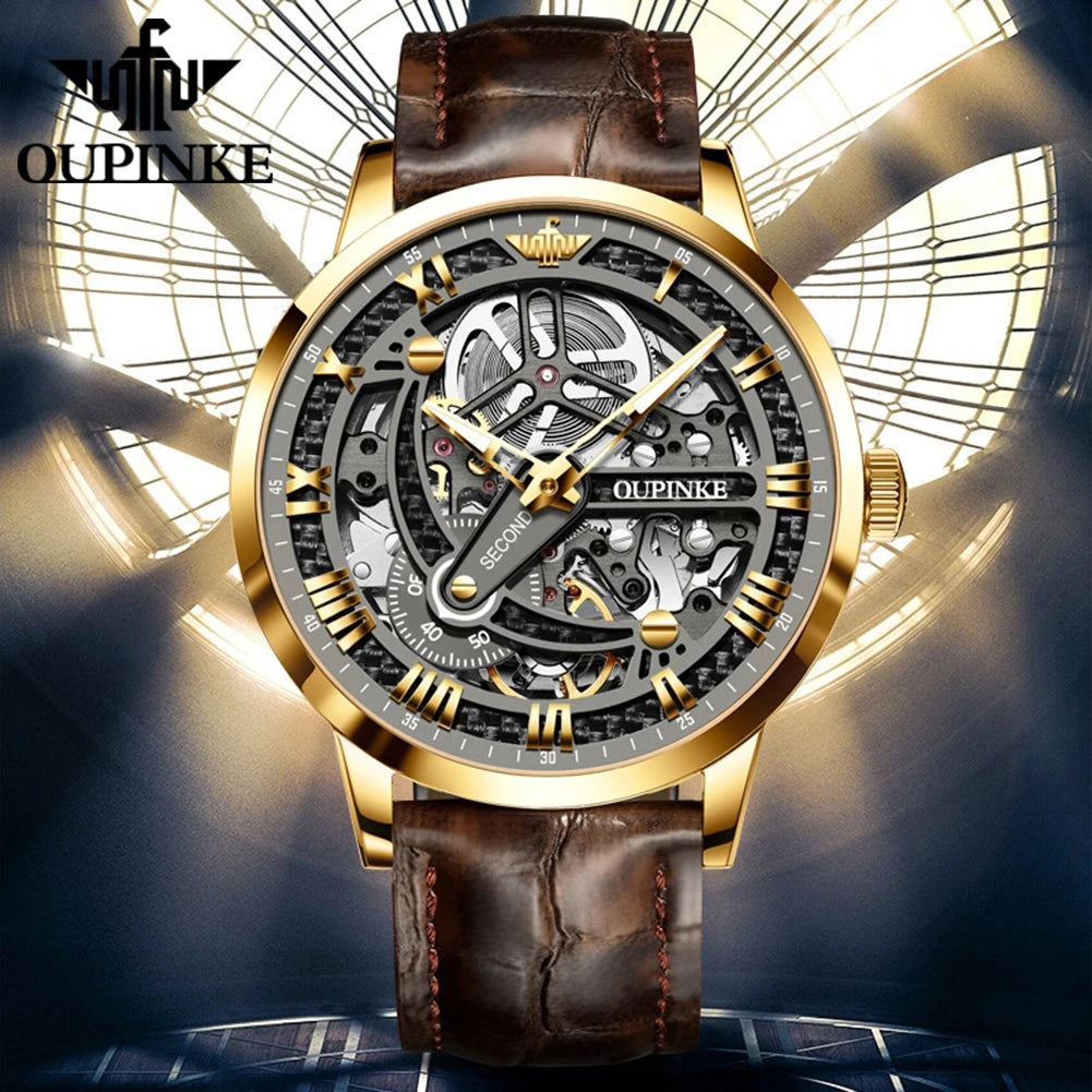 OUPINKE 3173 Skeleton Automatic Mechanical Watch Luxury Brand 50M Waterproof Watch Leather Strap Mens Watch Box Gifts Reloj