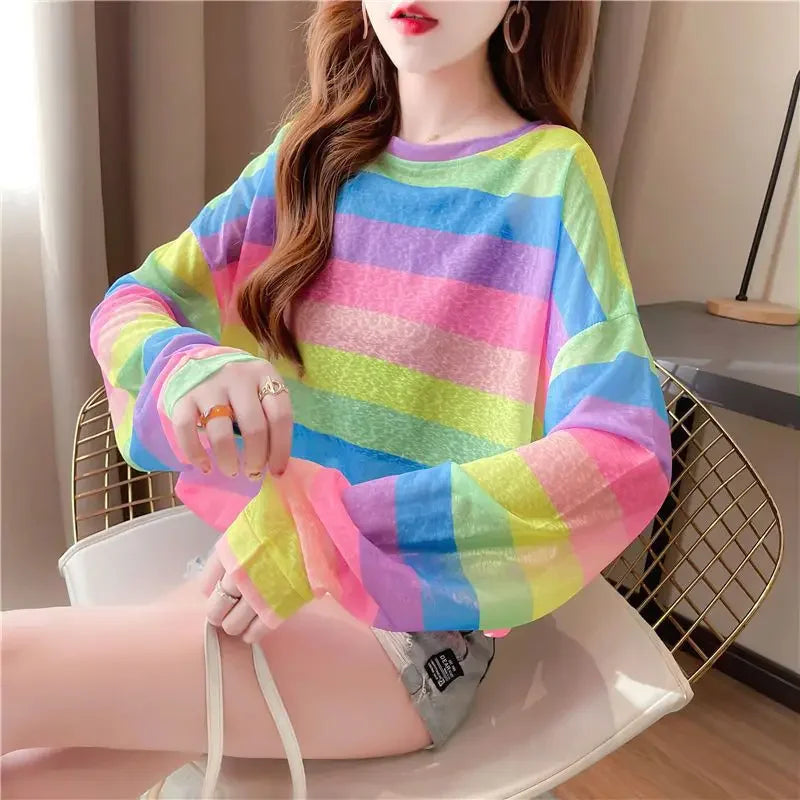 Rainbow Striped Long-sleeved Pullover Sunscreen for Women in Summer Light Top Oversize Mesh Versatile Air Conditioning Shirt