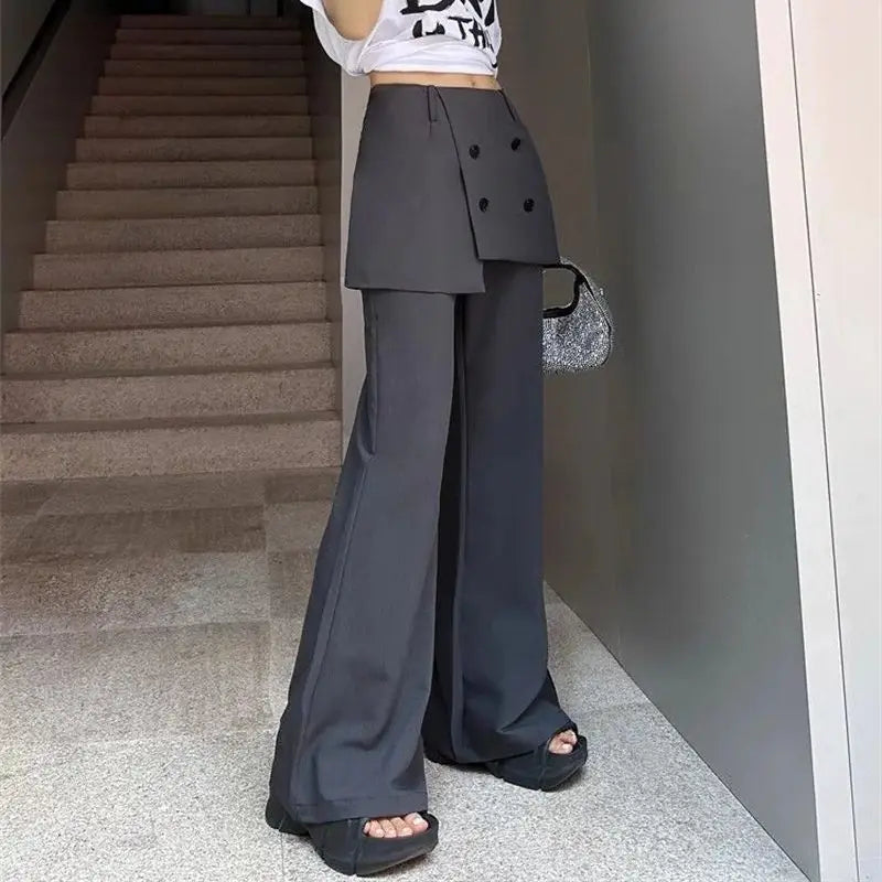 Korean Women's Apron Pants Short Skirt Patchwork Fashion High Street Fake Two Pants Solid Color High Waist Flared Pants 937P