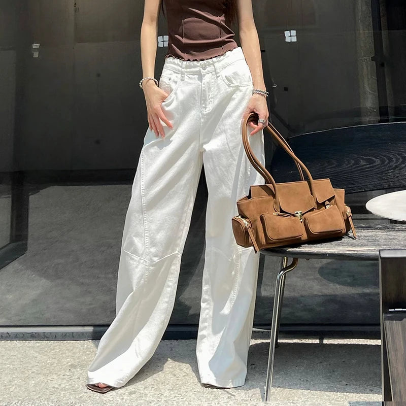 KSTUN 2025 Summer New Women's White Jeans Low Waist Wide Leg Jeans Denim Pants Losoe Fitness Girls Casual Dragging Pants Striped