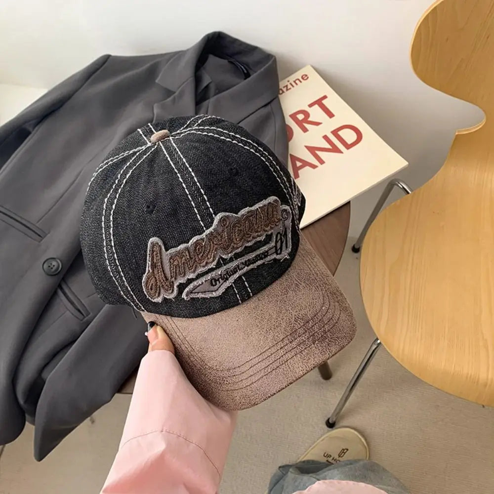 Simple Splicing American Retro Baseball Caps Denim Baseball Hat Tattered Jeans Sun Hat Cotton Sunscreen Peaked Cap Outdoor