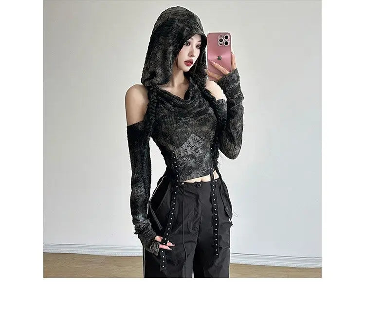 T-shirts Women Hooded Spring Long Sleeves Distressed American Retro Creativity Solid Streetwear Fashion Slim Backless Cut Out