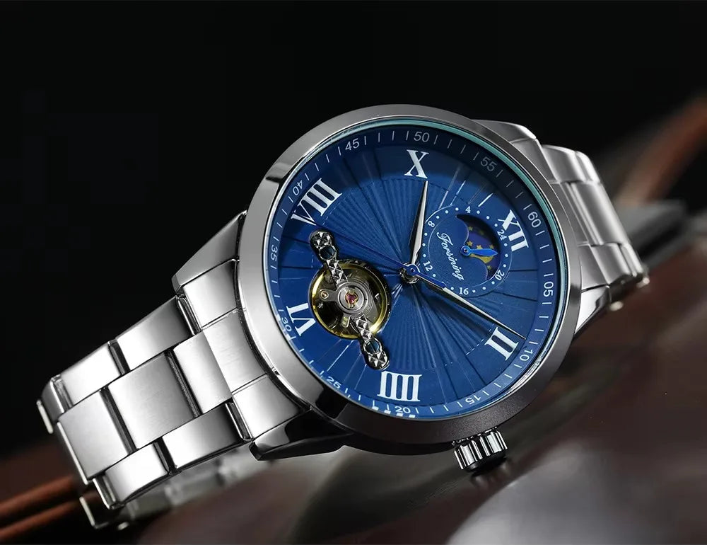 Forsining Men's Automatic Tourbillon Moon Phase Mechanical Watch Stainless Steel 3ATM Waterproof Luxury Design Business Style