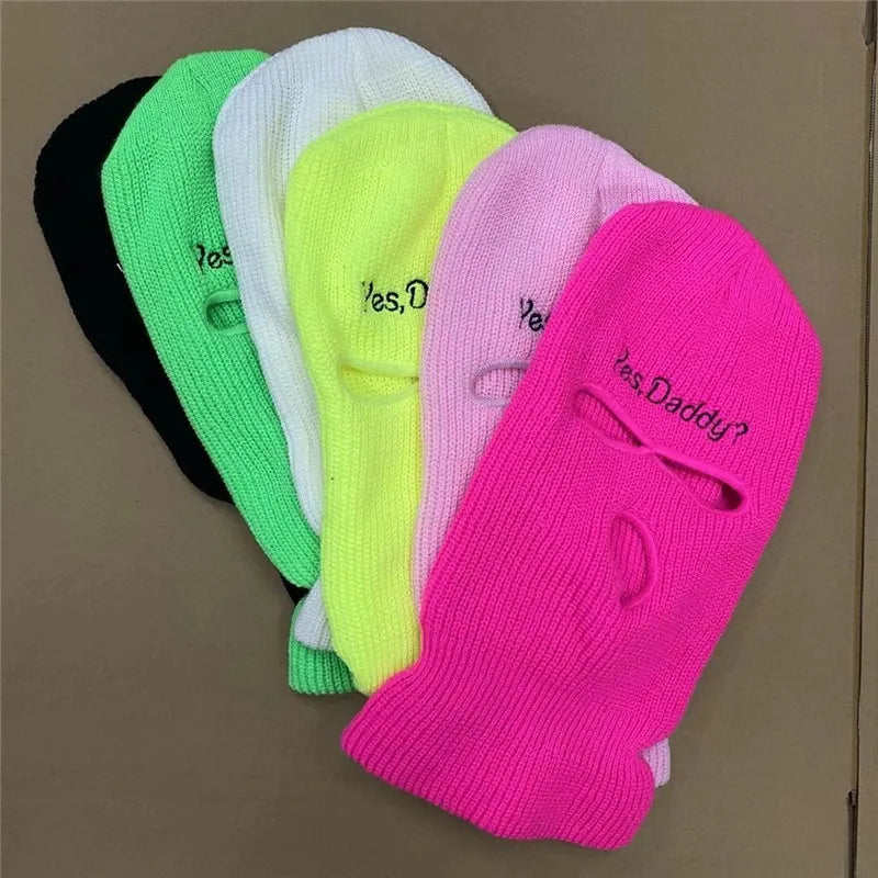 3Holes Winter Warm Unisex Balaclava Mask Hat Embroidery Full Face Mask Knitted Cycling Ski Snowboard Hat Cap Hip Hop Beanie Gift