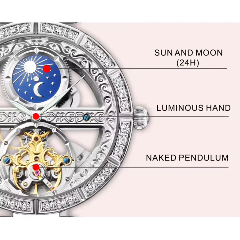 Luxury Women's Waterproof Skeleton Tourbillon Mechanical Watches Night Glow Beauty Elegant Mechanical Watch For Women