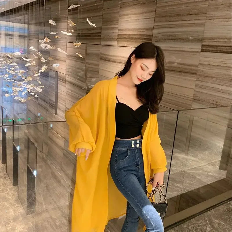 Long Shirts Women Summer Girls Sunscreen Clothing Seethrough Thin Loose Solid Simple Leisure All-match Korean Style Chiffon Tops