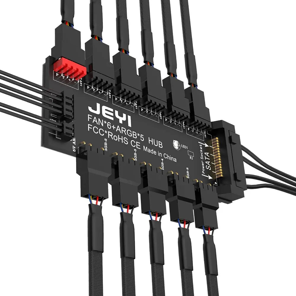 JEYI 4Pin PWM & 5V 3Pin ARGB with SATA 15Pin Power 5 Way Sync Fan Hub CPU Cooling Fan Addressable RGB Lighting PCB Splitter