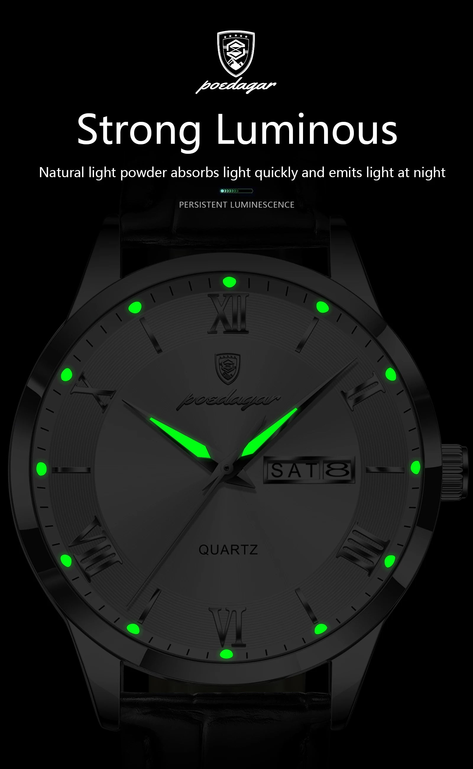 POEDAGAR Classic Luxury Men's Wristwatch Date Week Leather Business Man Watch Waterproof Luminous Fashion Quartz Watches For Men