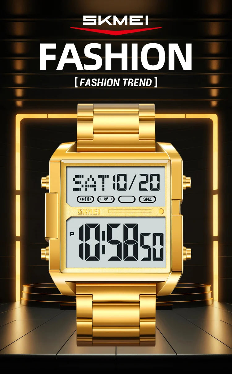 Skmei Luxury Brand Steel Strap Digital Watches for Mens Dual Time Zone Waterproof LED Chronograph Fashion Date Week Alarm Clock