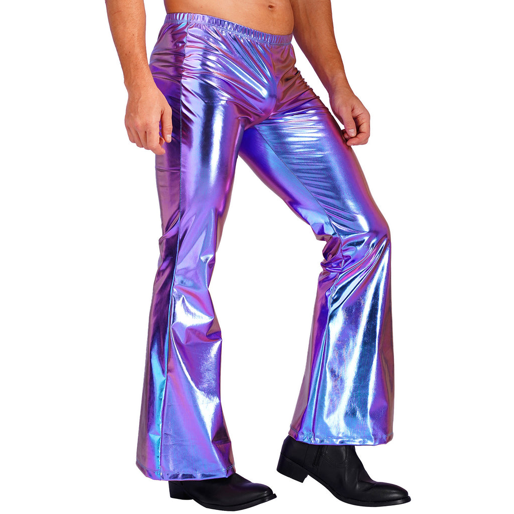 Men Metallic Shiny Flared Pants Retro Disco Costume Elastic Waistband Bell Bottom Trousers Long Pants 70s Party Show Clubwear