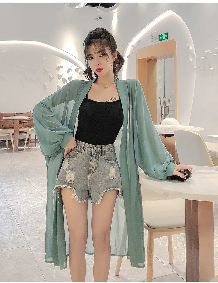 Long Shirts Women Summer Girls Sunscreen Clothing Seethrough Thin Loose Solid Simple Leisure All-match Korean Style Chiffon Tops