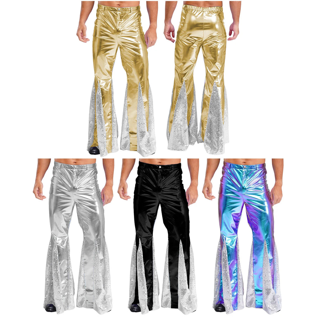 Mens Shiny Metallic 70s Disco Pants Hippie Vintage Costume Dance Party Sequins Bell Bottoms Stage Performance Flared Pants