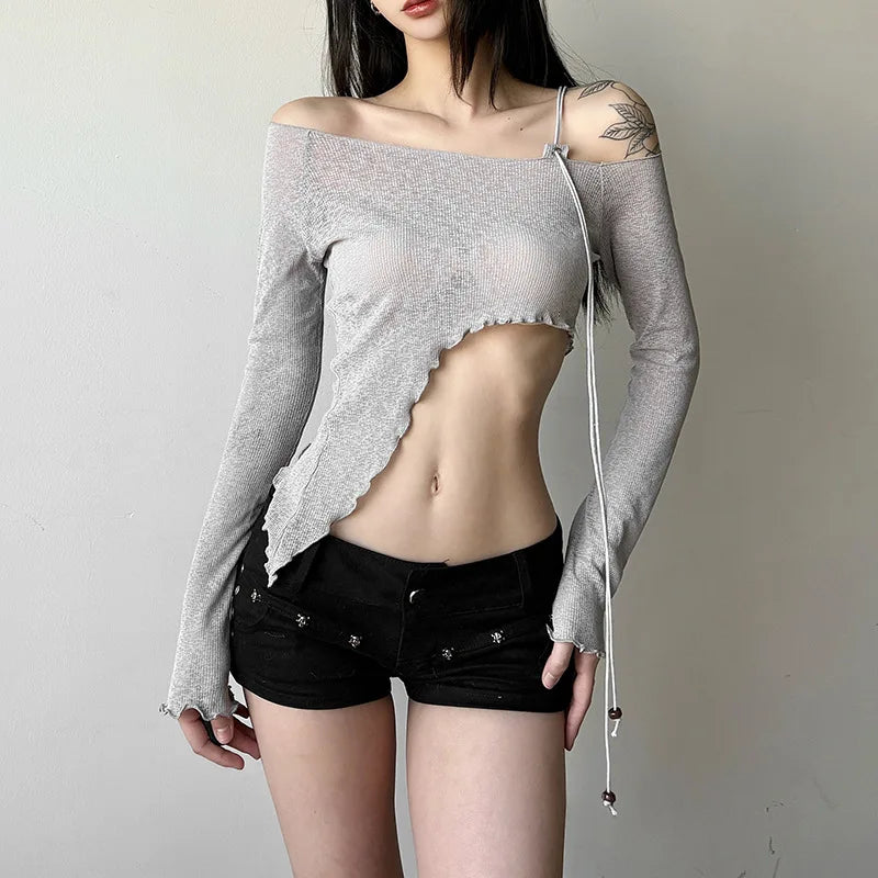 Asymmetrical T Shirts For Women Y2k Clothes Off Shoulder Sexy Streetwear Long Sleeve Crop Top Lace-up Camisetas Ropa De Mujer