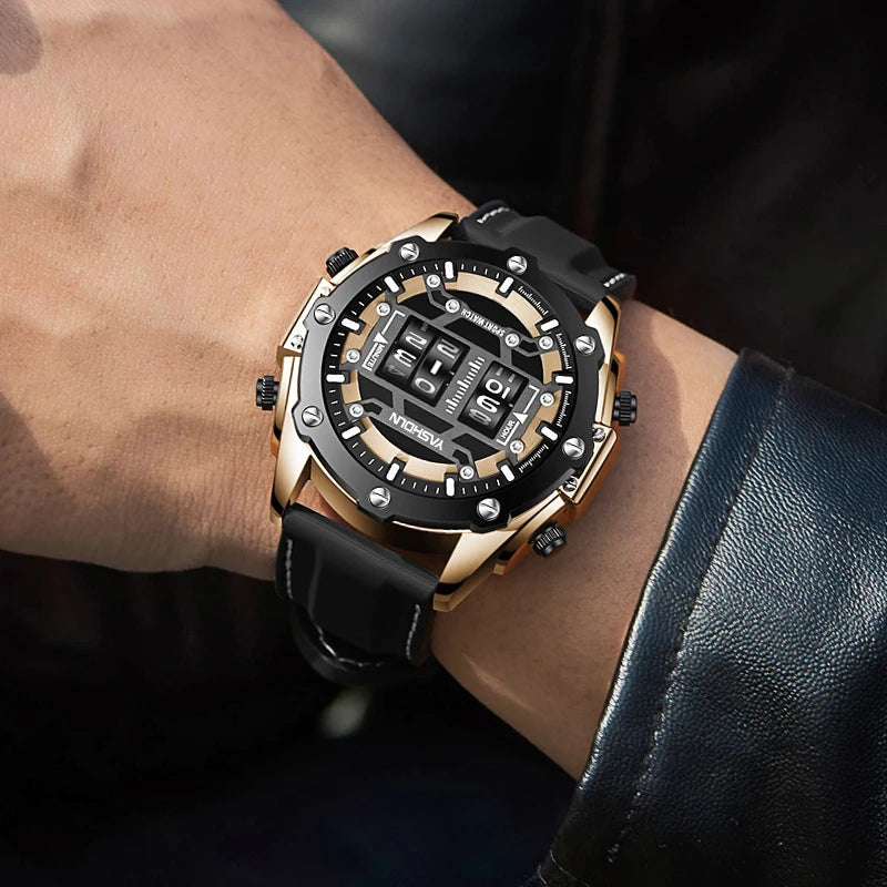 Men Quartz Watch Roller Digital Dial Design Silicone Strap Versatile Wristwatch Clock Waterproof Military Sports Clock