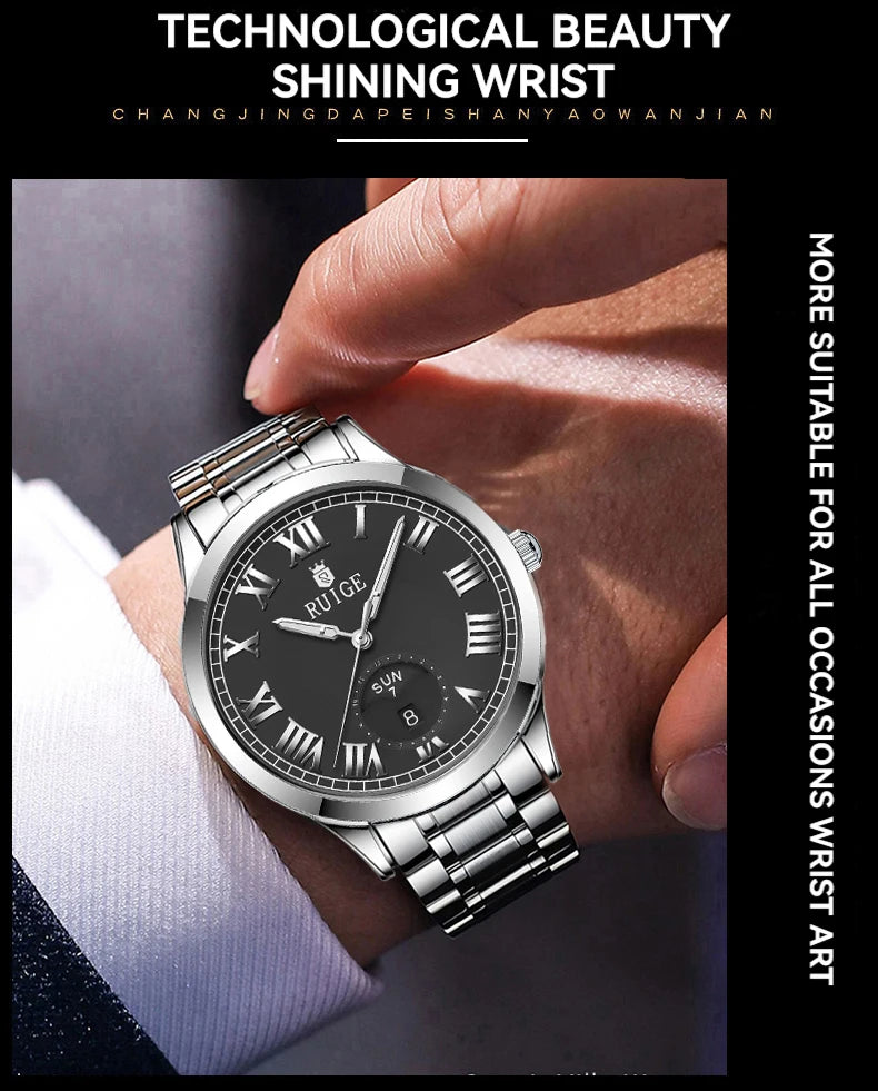 RUIGE hollowed out weekly calendar men's fully automatic mechanical watch stainless steel men's luminous waterproof watch