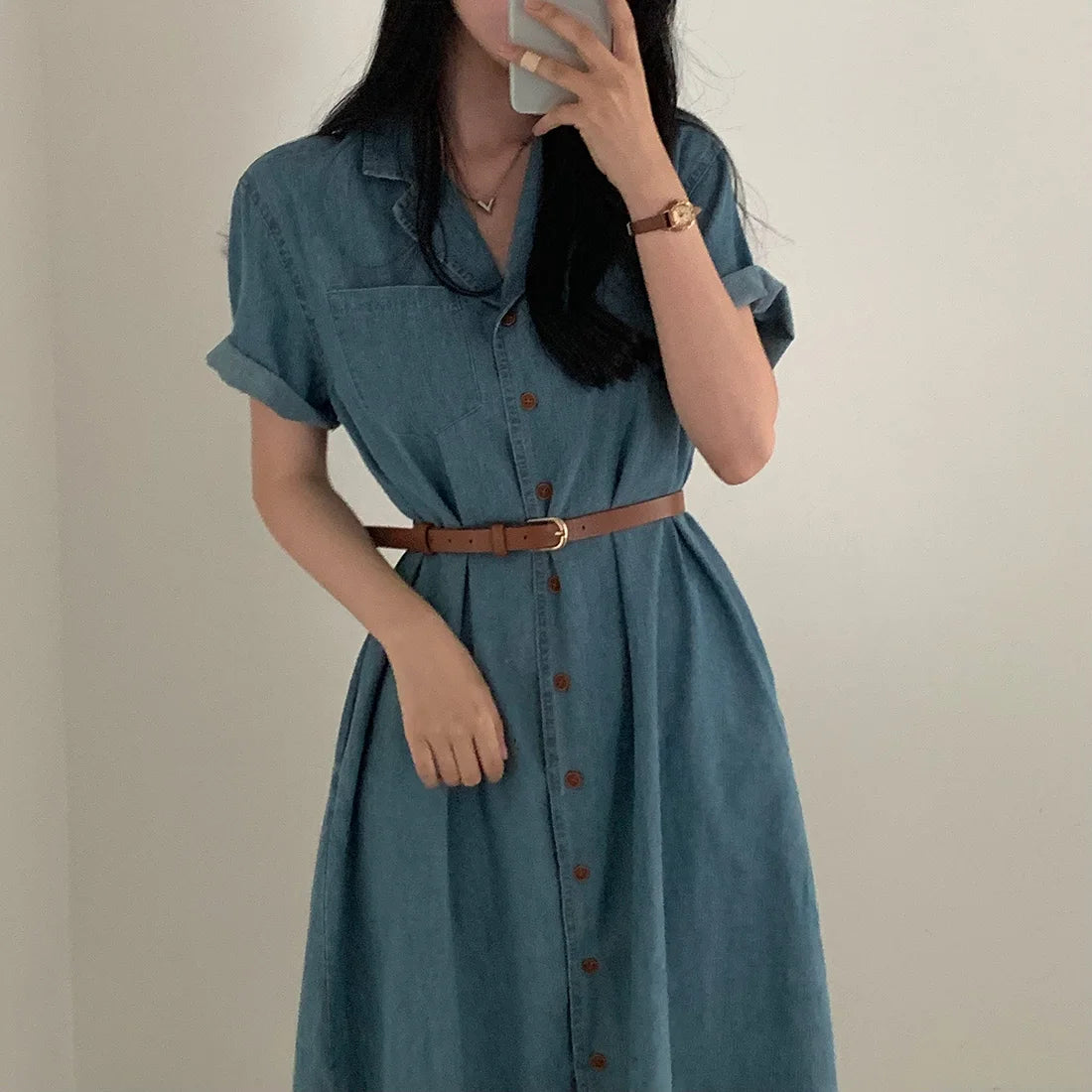 Slimming Chic Retro Chic Long Dr with Belt High Waist A-Line Skirt ort Sve Korean Sle Commute Dr Denim Dr