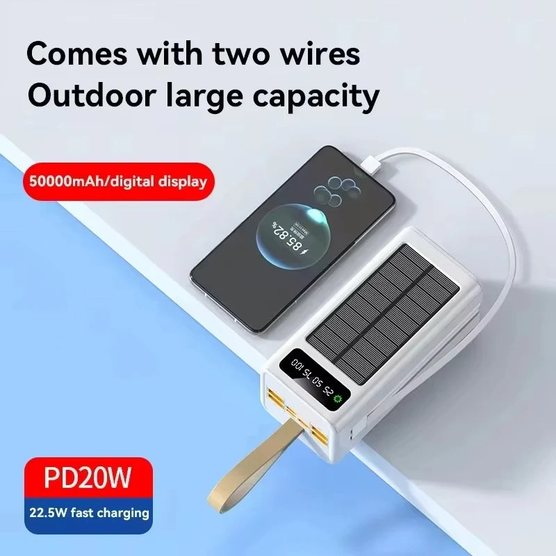 VIVO 500000mAh Solar Power Bank High-capacity Built-in 4 Cables External Battery LED Light PowerBank for iPhone Samsung