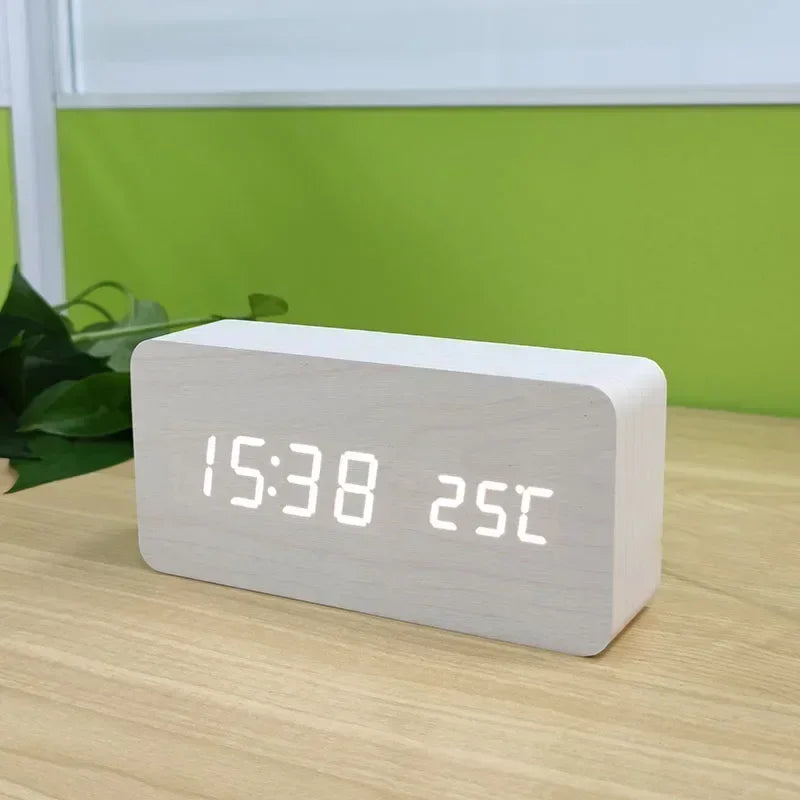 Digital Alarm Clock Wooden LED Table Clock with Temperature for Bedroom Office Travel Desk Decorations