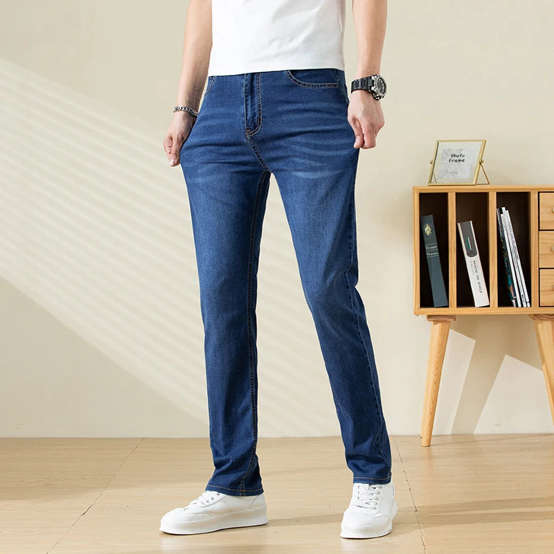 Summer Thin Mens Clothing Cowboys Slim Straight Jeans Men Denim Pants Casual Regular Fitness Men's Trousers Light Blue 2025