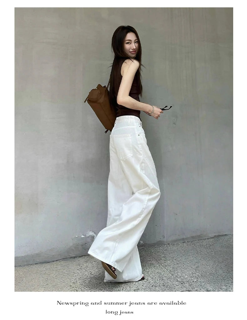 KSTUN 2025 Summer New Women's White Jeans Low Waist Wide Leg Jeans Denim Pants Losoe Fitness Girls Casual Dragging Pants Striped