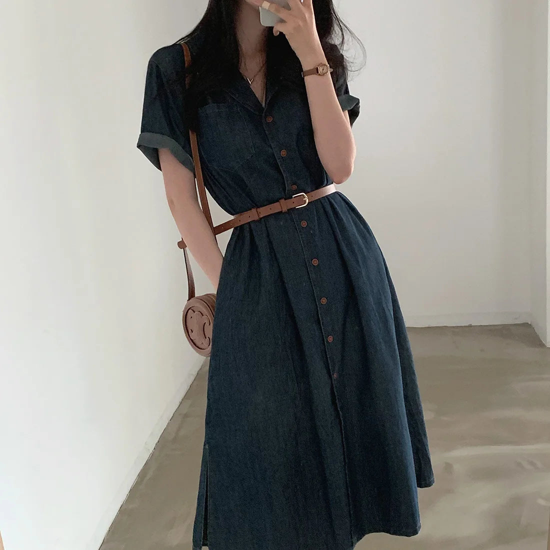 Slimming Chic Retro Chic Long Dr with Belt High Waist A-Line Skirt ort Sve Korean Sle Commute Dr Denim Dr