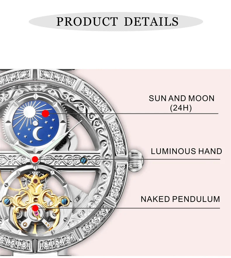 Luxury Women's Waterproof Skeleton Tourbillon Mechanical Watches Night Glow Beauty Elegant Mechanical Watch For Women