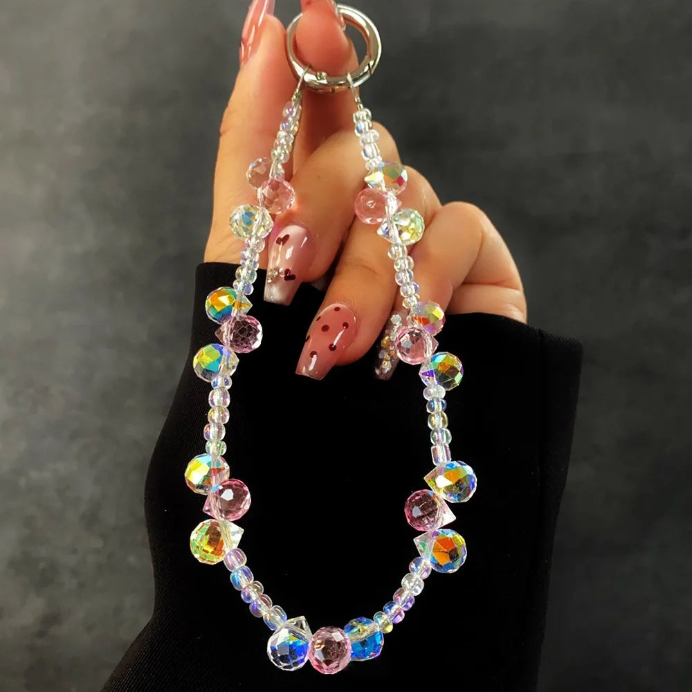 Luxury Sparkle Butterfly Rhinestone Bead Phone Bracelet Strap Charm Chain Knot Cellphone Lanyard Keychain Bag Camera Keychain Pe