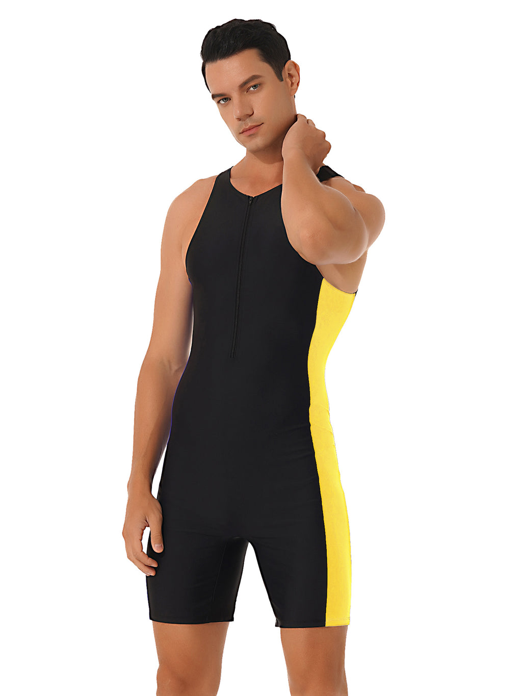 Mens Swimwear One-piece Wetsuit Swimming Bathing Suit Round Neck Sleeveless Side Shorts Bodysuit Triathlon Front Zipper Swimsuit
