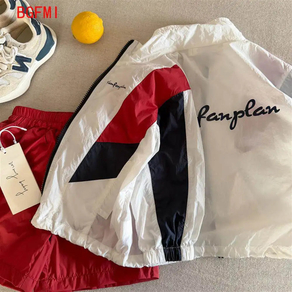 Children's Set 2026 Summer Boys Girls Color blocked Sunscreen Coat+Baby and Children's Sports and Leisure Quick drying Shorts
