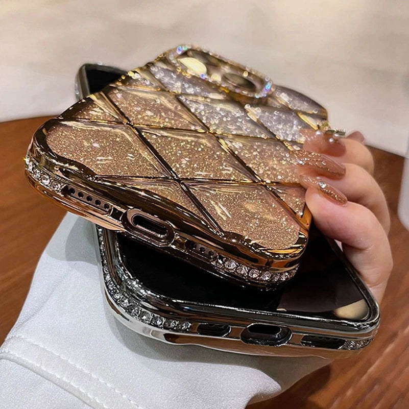 Luxury Diamond Case for iPhone 16Pro 15Pro Max Rhombus Transparent Plating Soft Silicone Cover for iPhone 15 16 13 12 14 Pro Max