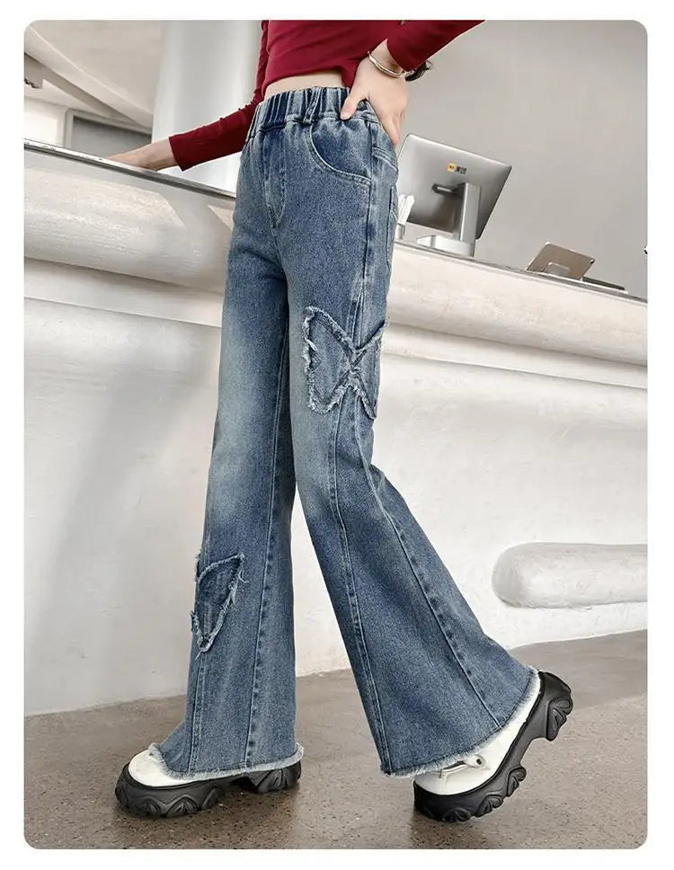 New Junior Girls Denim Pants Ins Bow Patchwork Children Girls Flared Pant Loose Elastic Waist Casual 4-14Y School Girls Trousers