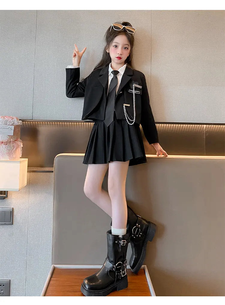 Junior Girl JK School Uniform Set Unique Formal Chain Smart Jackets and Pleated Skirt 2Pcs School Kids Child Uniform Blazer Suit