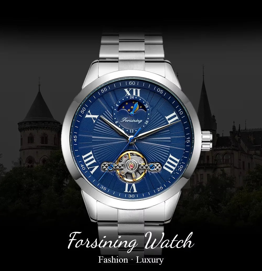 Forsining Men's Automatic Tourbillon Moon Phase Mechanical Watch Stainless Steel 3ATM Waterproof Luxury Design Business Style