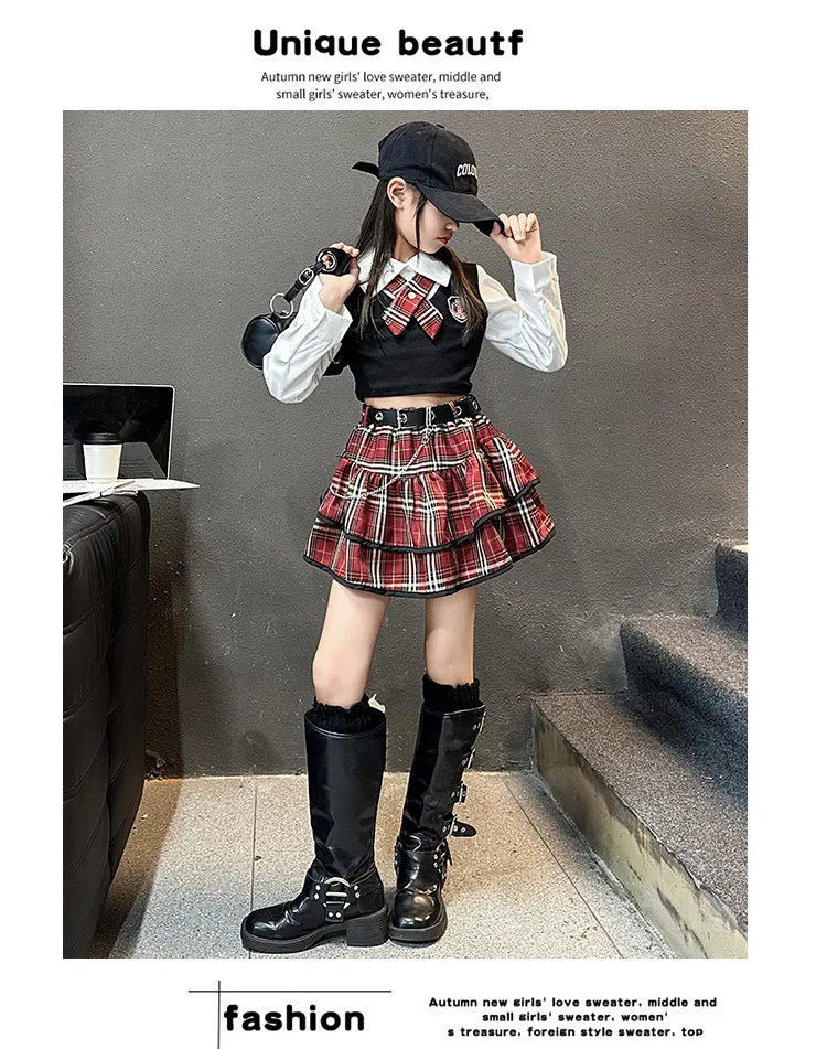 junior girls JK clothes Set Child Internet Celebrity Street Uniform suit Splicing shirt+checkered cake skirt+belt kids outfits