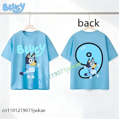 Bluey Birthday Number T-shirt 1-9 Y Kids Front Back Print Cute Cartoon Short Sleeve Boys Girls Summer Tops Birthday Party Gifts