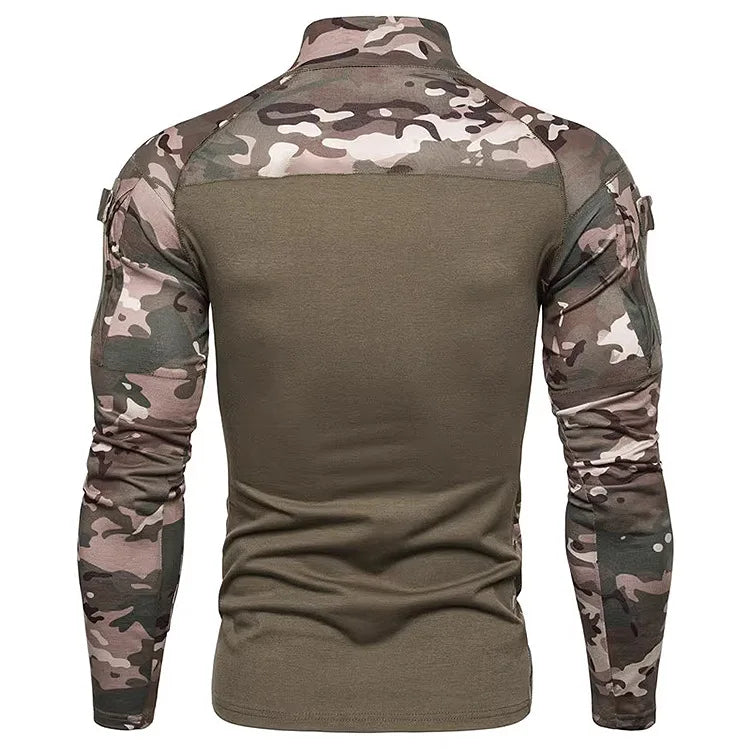 Men's Military Camouflage Outdoor Stretch Fitness Long Sleeve T-shirt with Zipper Pocket Men's Clothing