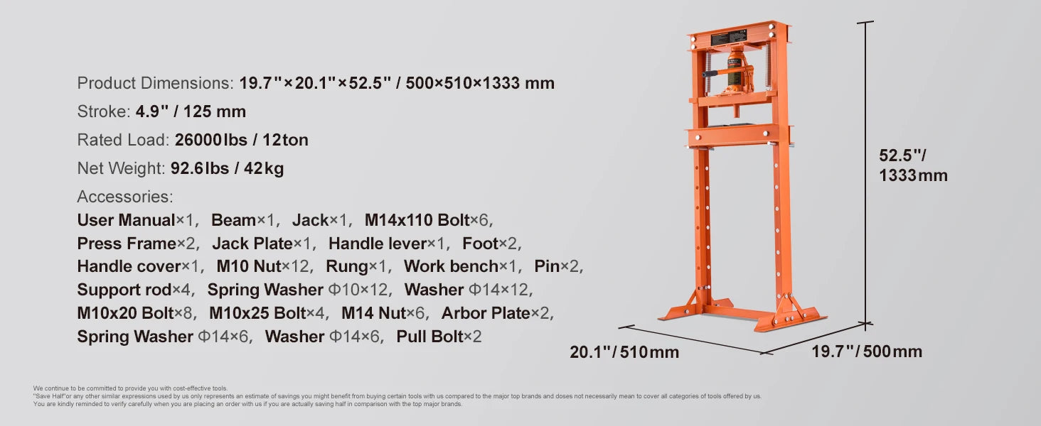 SucceBuy 6/12T Hydraulic H-Frame Garage Floor Adjustable Shop Press with Plates 6T/12T Orange for Garages or Professional Shop